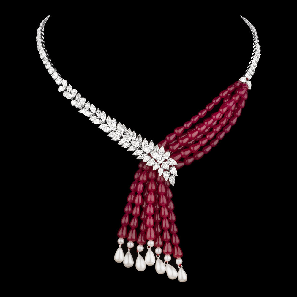 14K White Gold Diamond Necklace - 19.122ct VVS-VS-IJ with Colour Stones