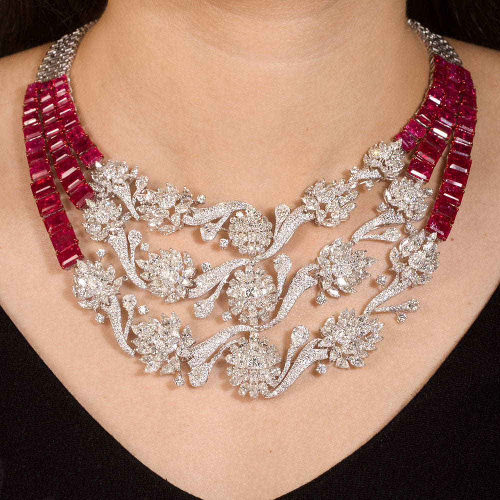 14K White Gold Diamond Necklace - 57.307ct VS-SI-GH with Colour Stones
