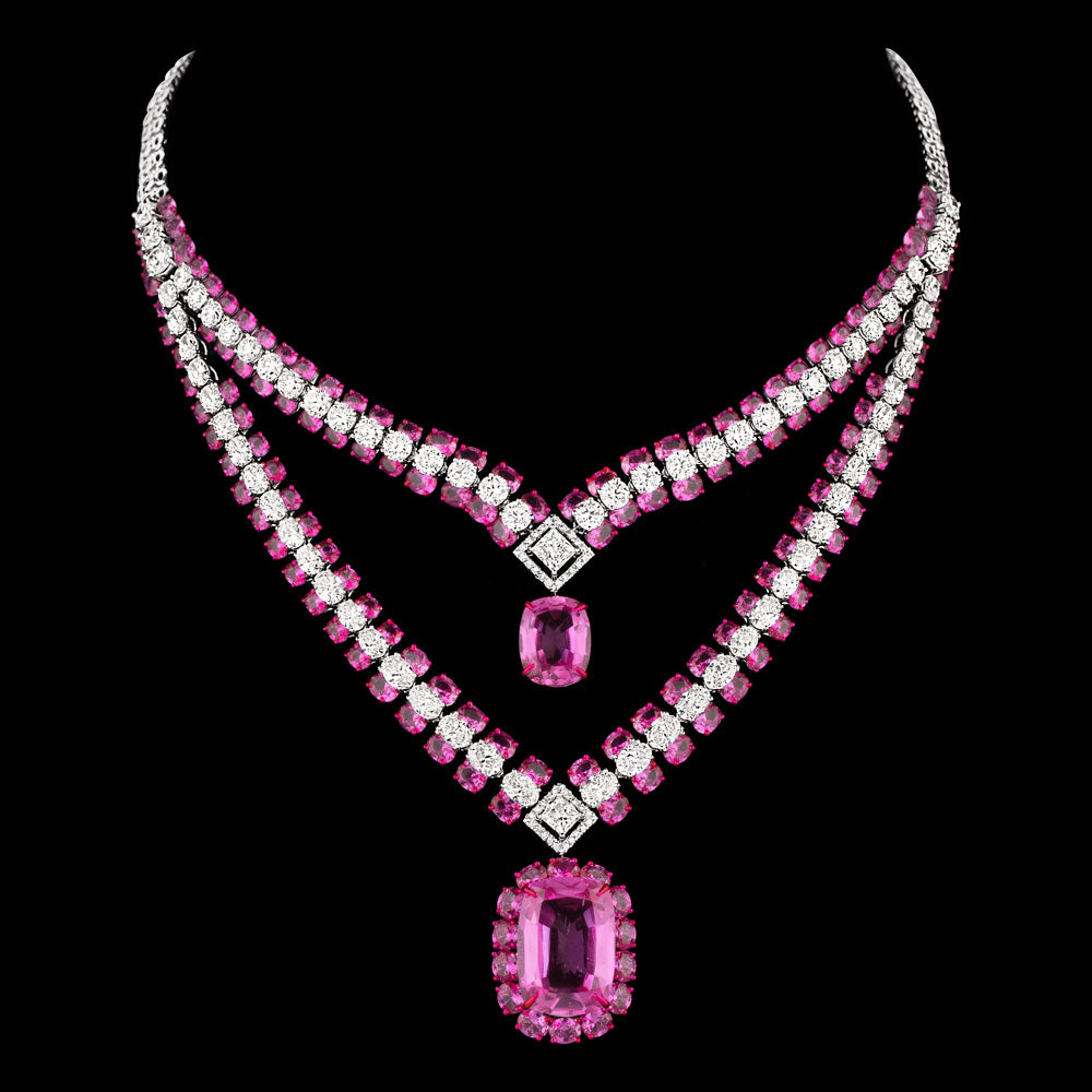 14K White Gold Diamond Necklace - 28.486ct VS-SI-HI with Colour Stones