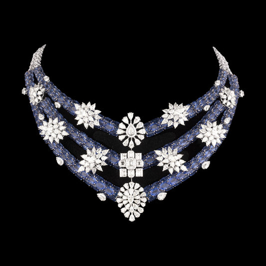14K White Gold Diamond Necklace - 30.237ct VS-SI-IJ with Colour Stones