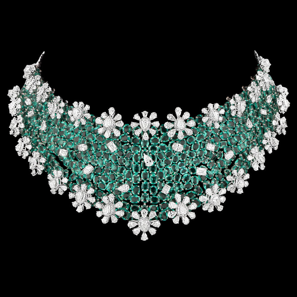 14K White Gold Diamond Necklace - 32.003ct VS-SI-JK with Colour Stones