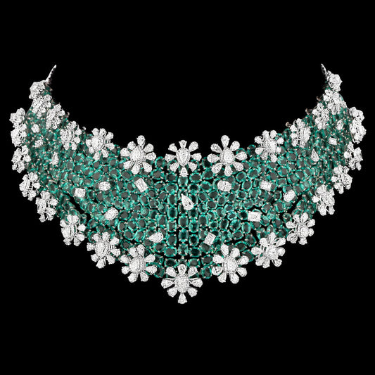 14K White Gold Diamond Necklace - 32.003ct VS-SI-JK with Colour Stones
