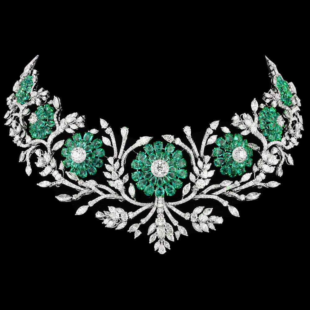14K White Gold Diamond Necklace - 32.297ct VVS-VS-JK with Colour Stones