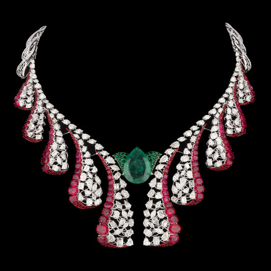 14K White Gold Diamond Necklace - 32.687ct VS-SI-JK with Colour Stones