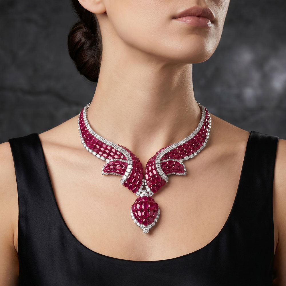 14K White Gold Diamond Necklace - 30.577ct VVS-VS-JK with Colour Stones