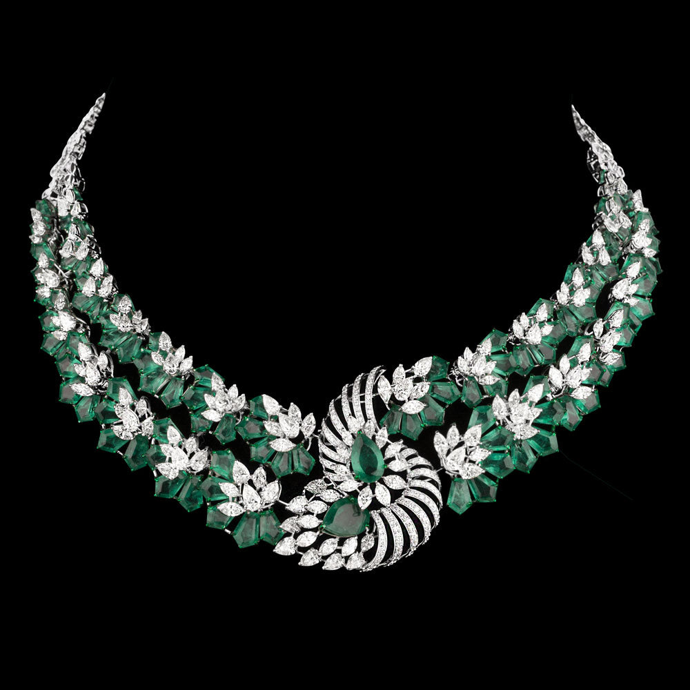14K White Gold Diamond Necklace - 23.735ct VVS-VS-JK with Colour Stones