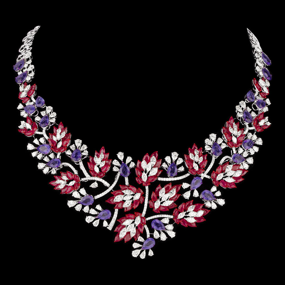 14K White Gold Diamond Necklace - 22.222ct VS-SI-JK with Colour Stones
