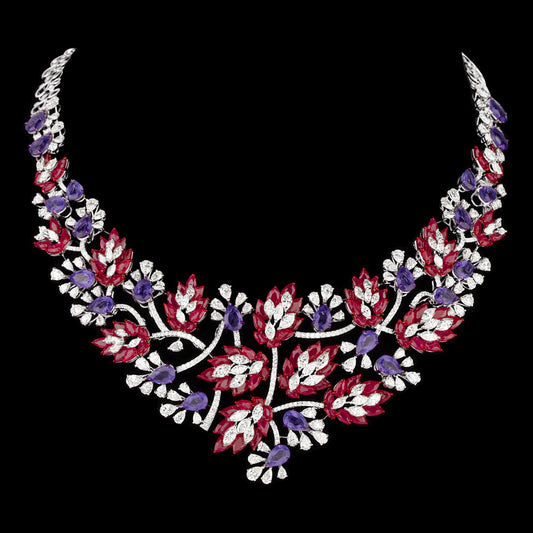 14K White Gold Diamond Necklace - 22.222ct VS-SI-JK with Colour Stones