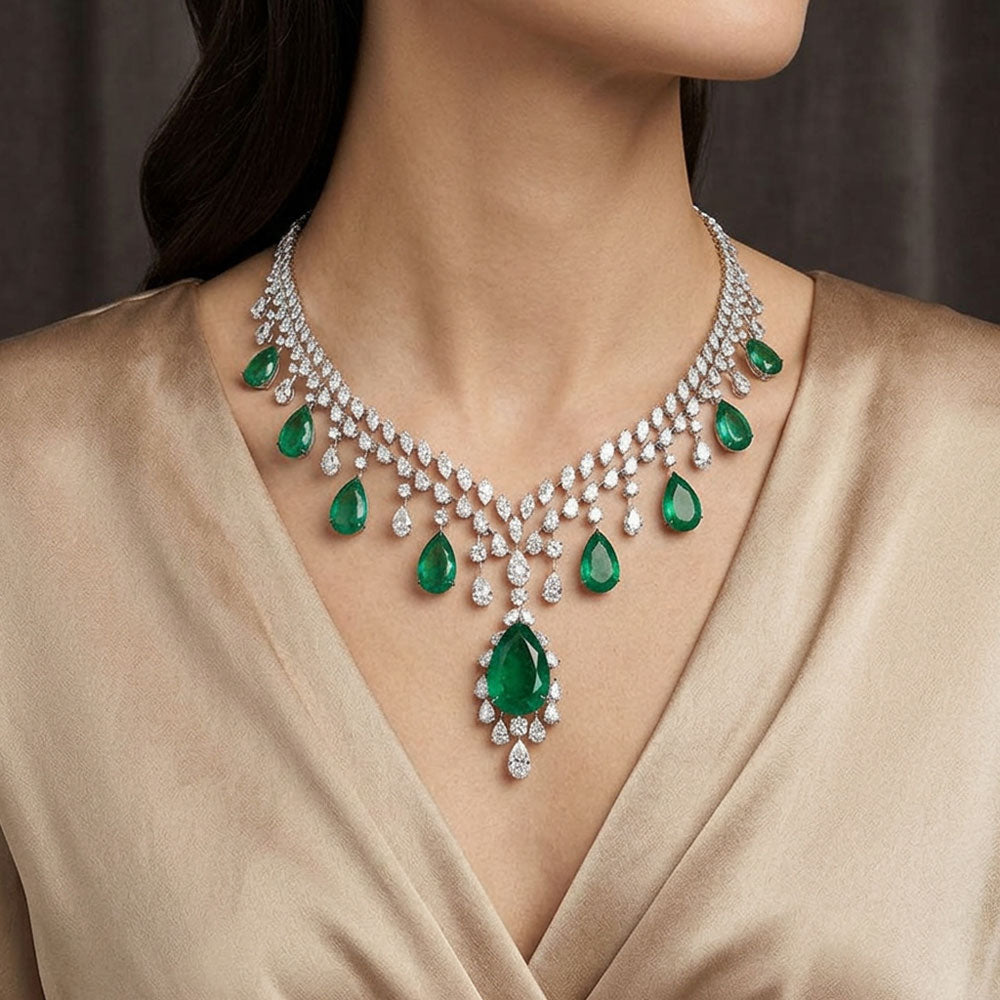 14K White Gold Diamond Necklace - 30.391ct VVS-VS-HI with Colour Stones