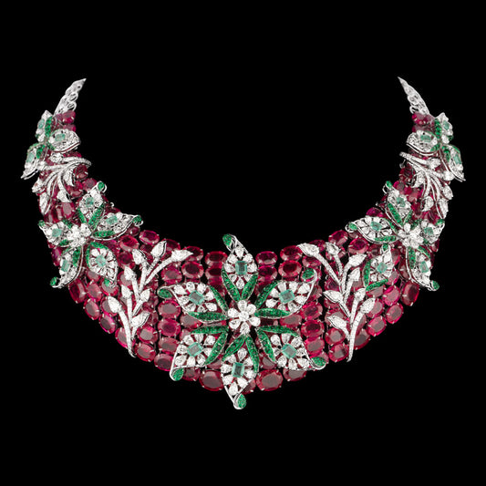 14K White Gold Diamond Necklace - 26.824ct VVS-VS-JK with Colour Stones