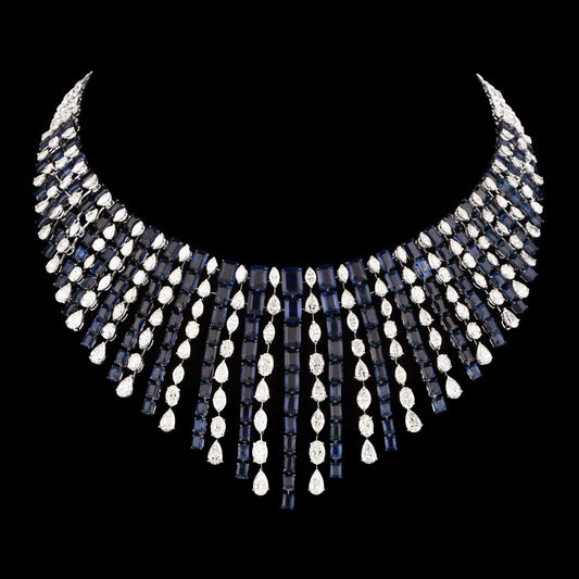 14K White Gold Diamond Necklace - 34.072ct VS-SI-JK with Colour Stones