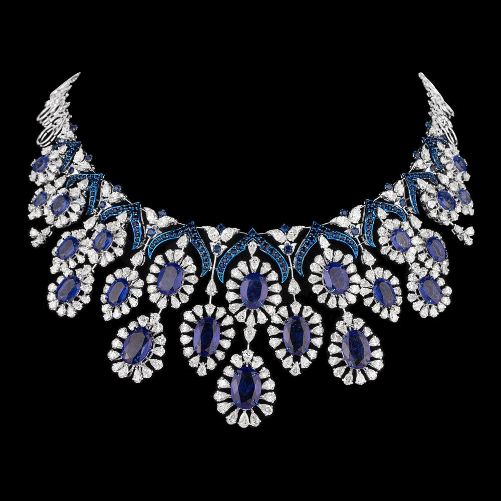 14K White Gold Diamond Necklace - 39.959ct VVS-VS-JK with Colour Stones