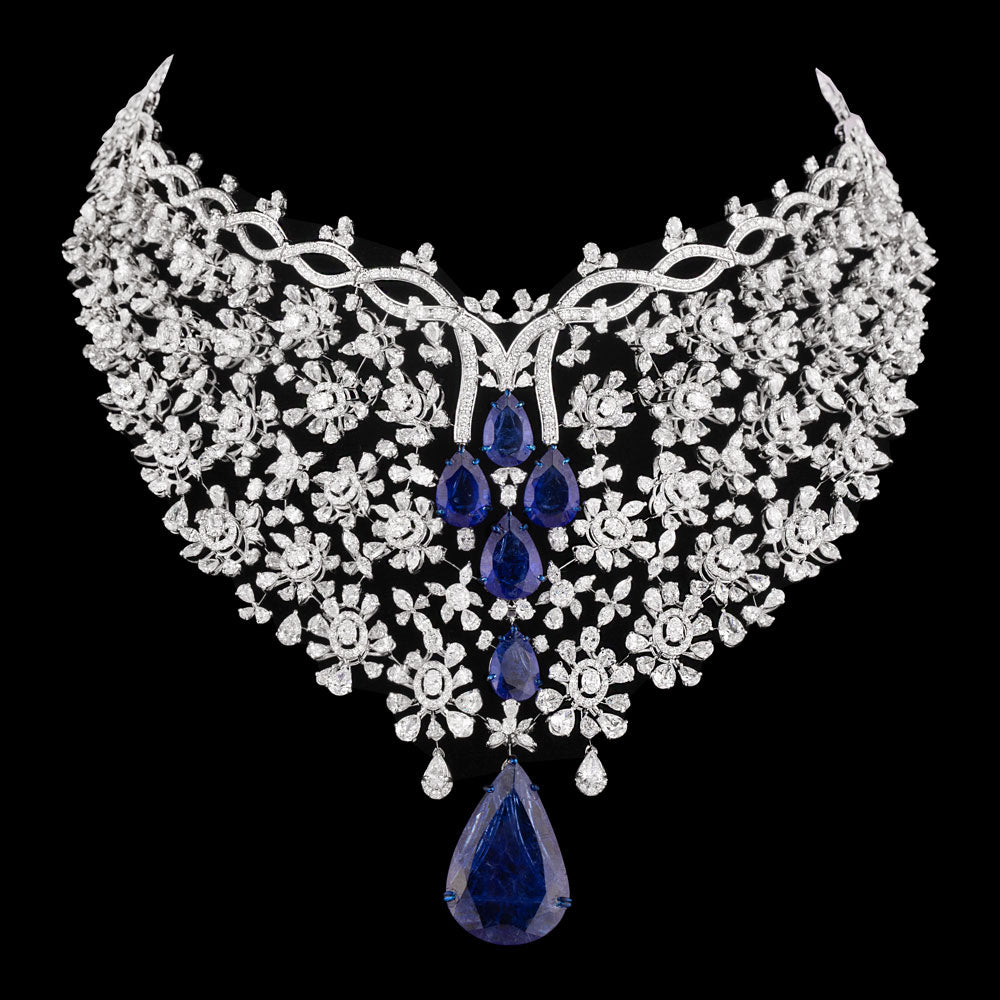 14K White Gold Diamond Necklace - 50.322ct VS-SI-EF with Colour Stones