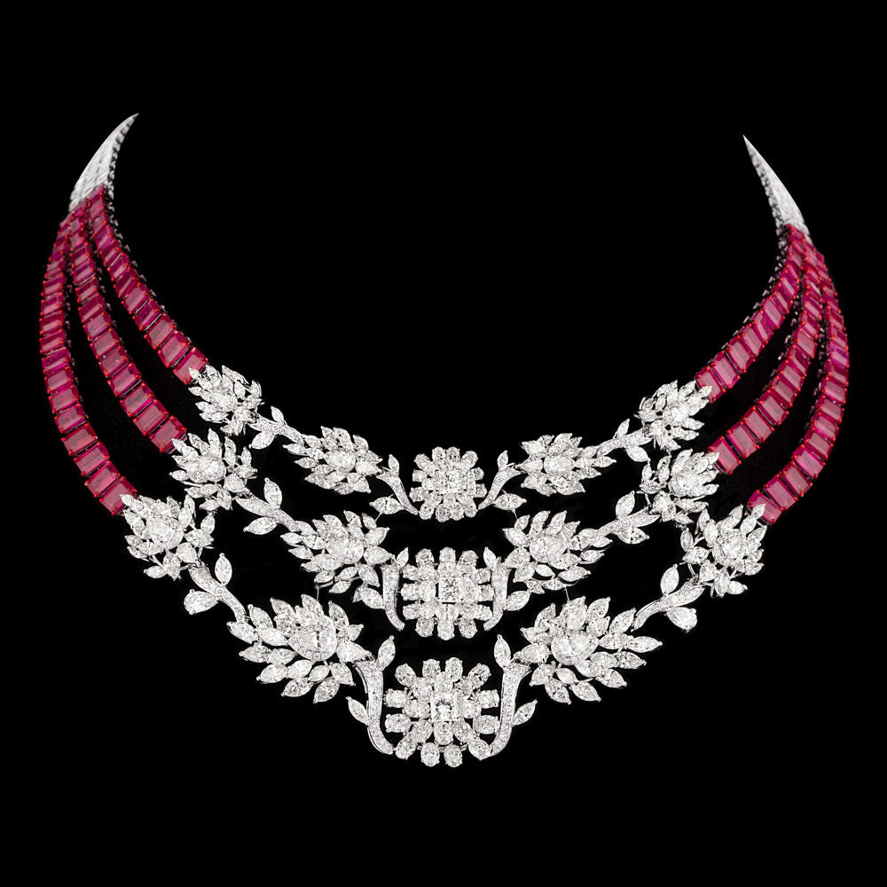 14K White Gold Diamond Necklace - 37.658ct VVS-VS-JK with Colour Stones