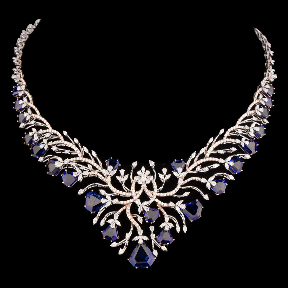 18K White Gold Diamond Necklace - 8.68ct VVS-EF with Colour Stones