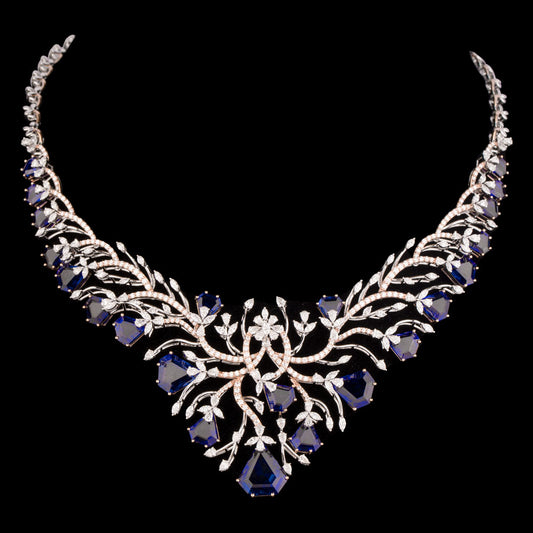 18K White Gold Diamond Necklace - 8.68ct VVS-EF with Colour Stones