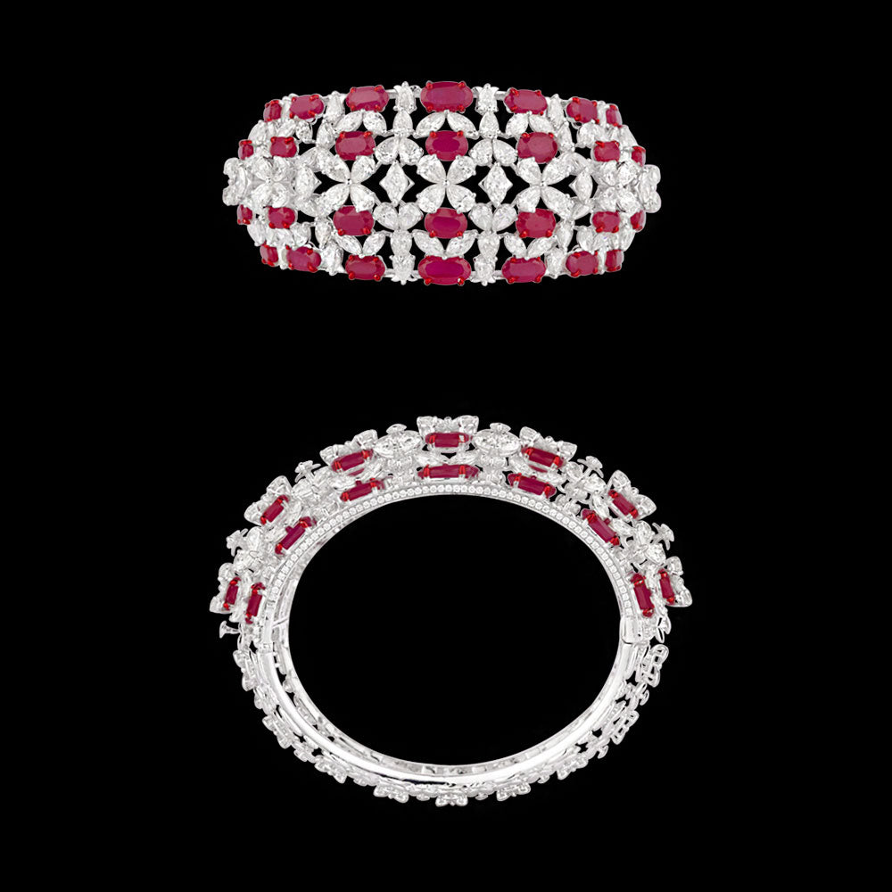 14K White Gold Diamond Kada - 26.881ct VVS-VS-IJ with Colour Stones