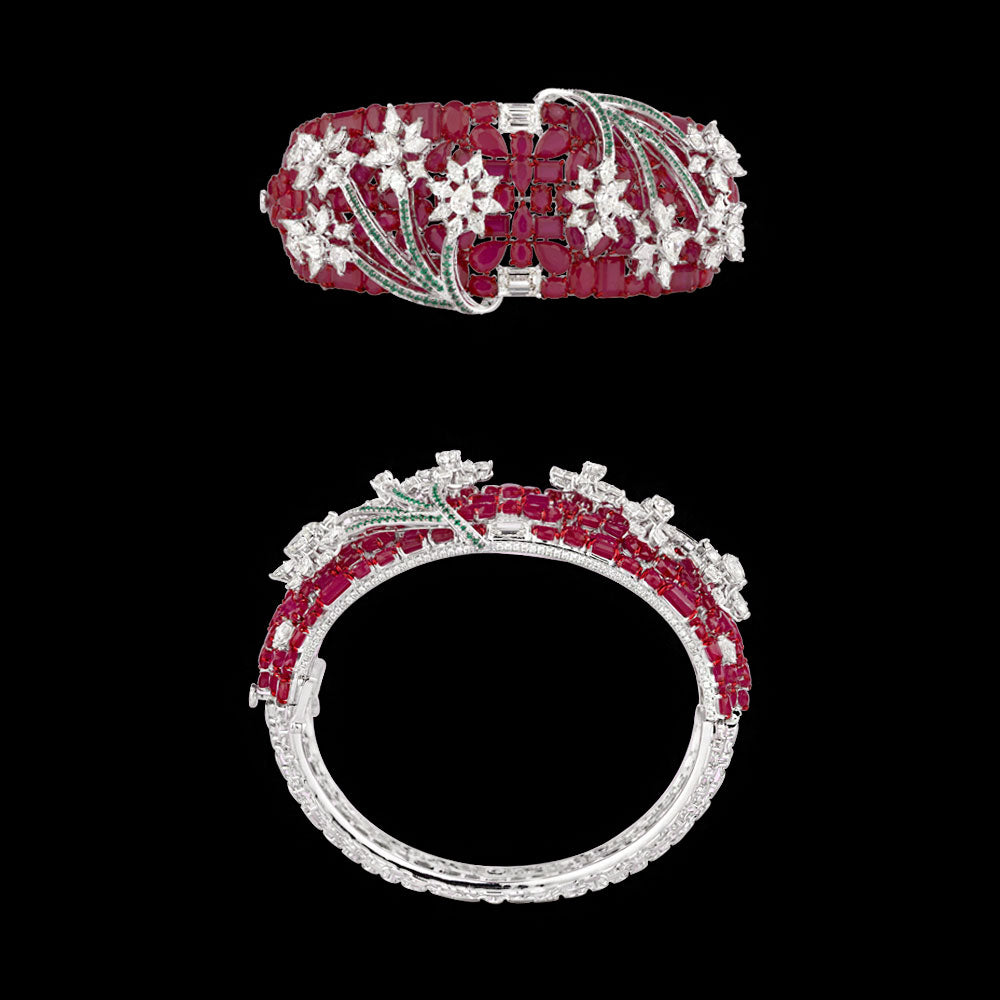 14K White Gold Diamond Kada - 6.806ct VVS-VS-KL with Colour Stones