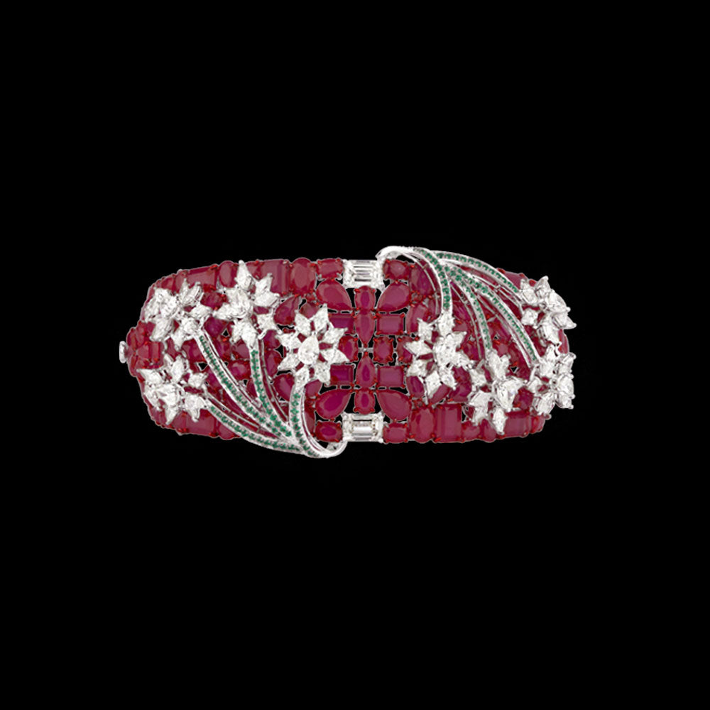 14K White Gold Diamond Kada - 6.806ct VVS-VS-KL with Colour Stones