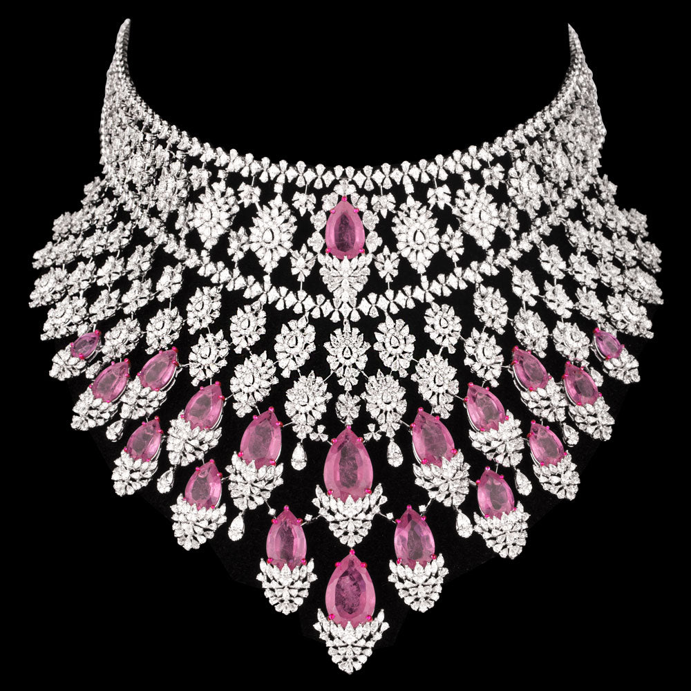 18K White Gold Diamond Necklace - 44.469ct VVS-EF with Colour Stones