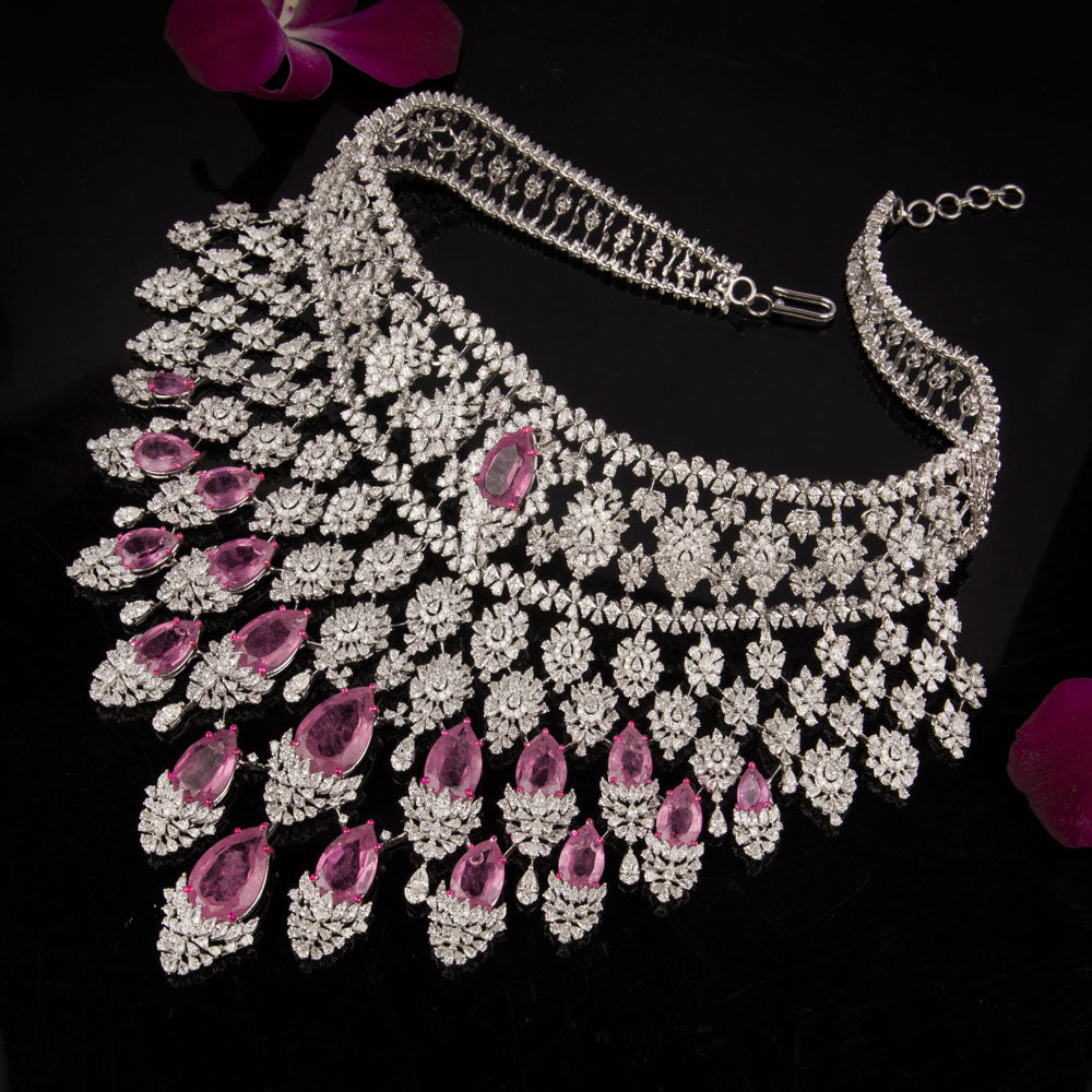 18K White Gold Diamond Necklace - 44.469ct VVS-EF with Colour Stones