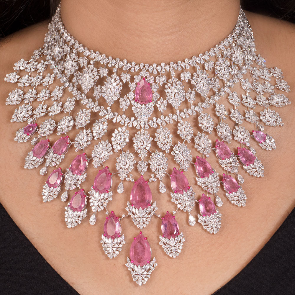 18K White Gold Diamond Necklace - 44.469ct VVS-EF with Colour Stones