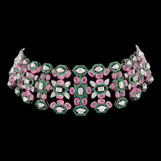 14K White Gold Diamond Necklace - 24.976ct VS-SI-GH with Colour Stones