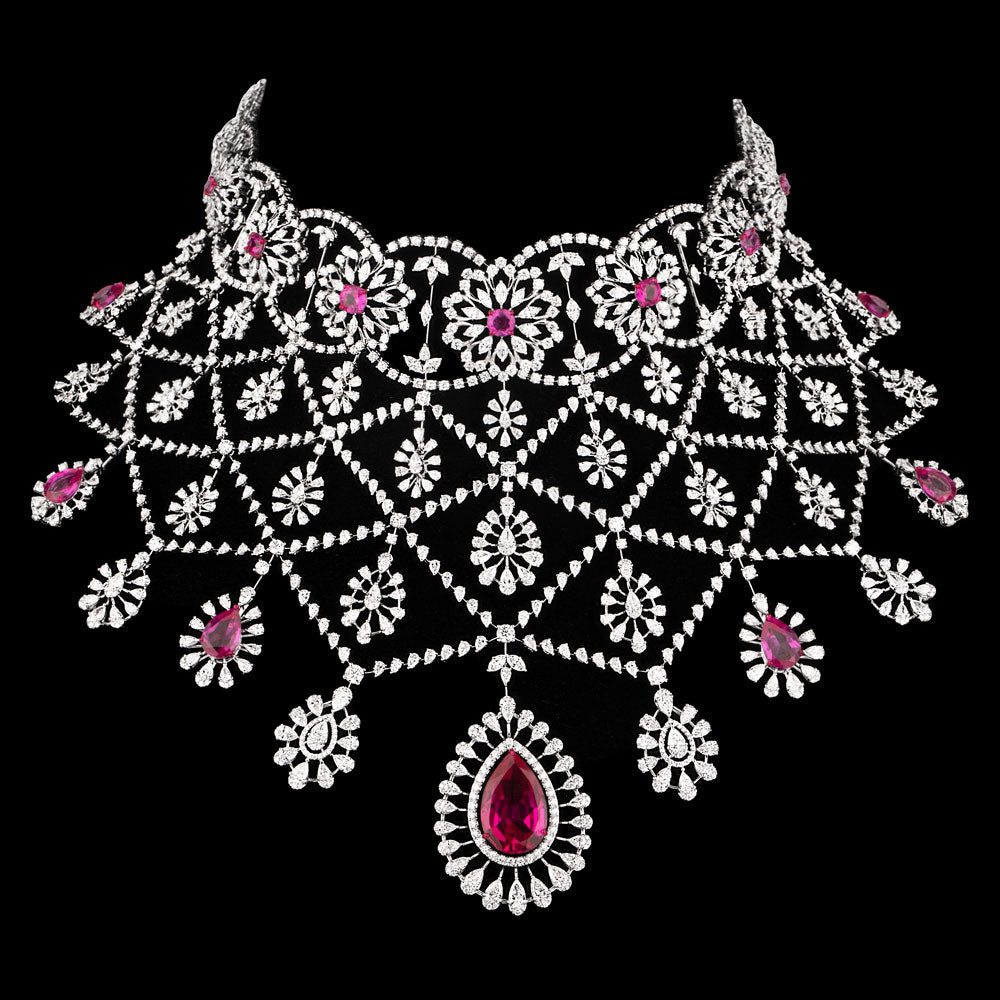 14K White Gold Diamond Necklace - 62.752ct VS-SI-FG with Colour Stones