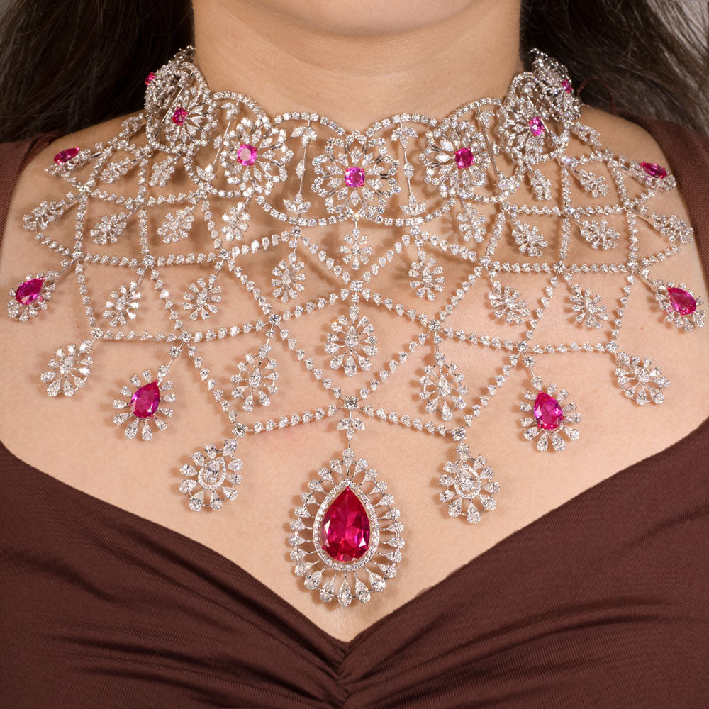 14K White Gold Diamond Necklace - 62.752ct VS-SI-FG with Colour Stones