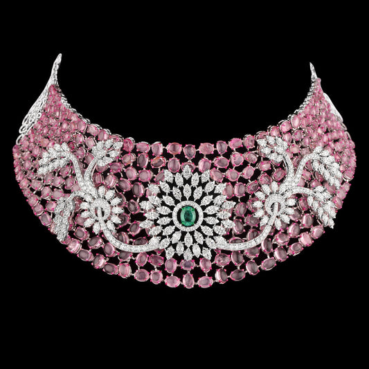 14K White Gold Diamond Necklace - 20.637ct VS-SI-HI with Colour Stones