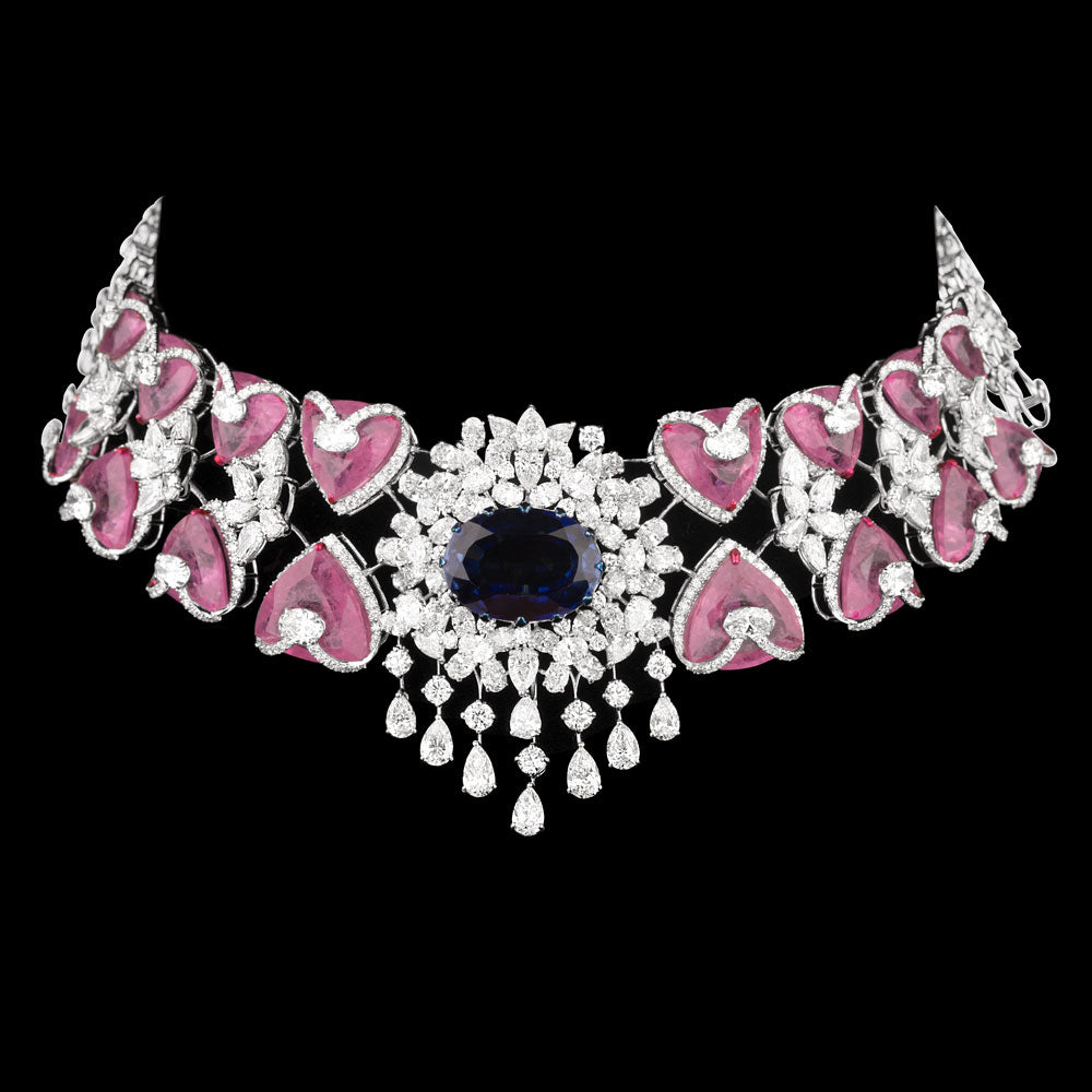 14K White Gold Diamond Necklace - 30.864ct VS-SI-HI with Colour Stones