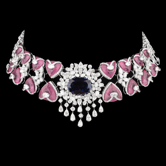 14K White Gold Diamond Necklace - 30.864ct VS-SI-HI with Colour Stones
