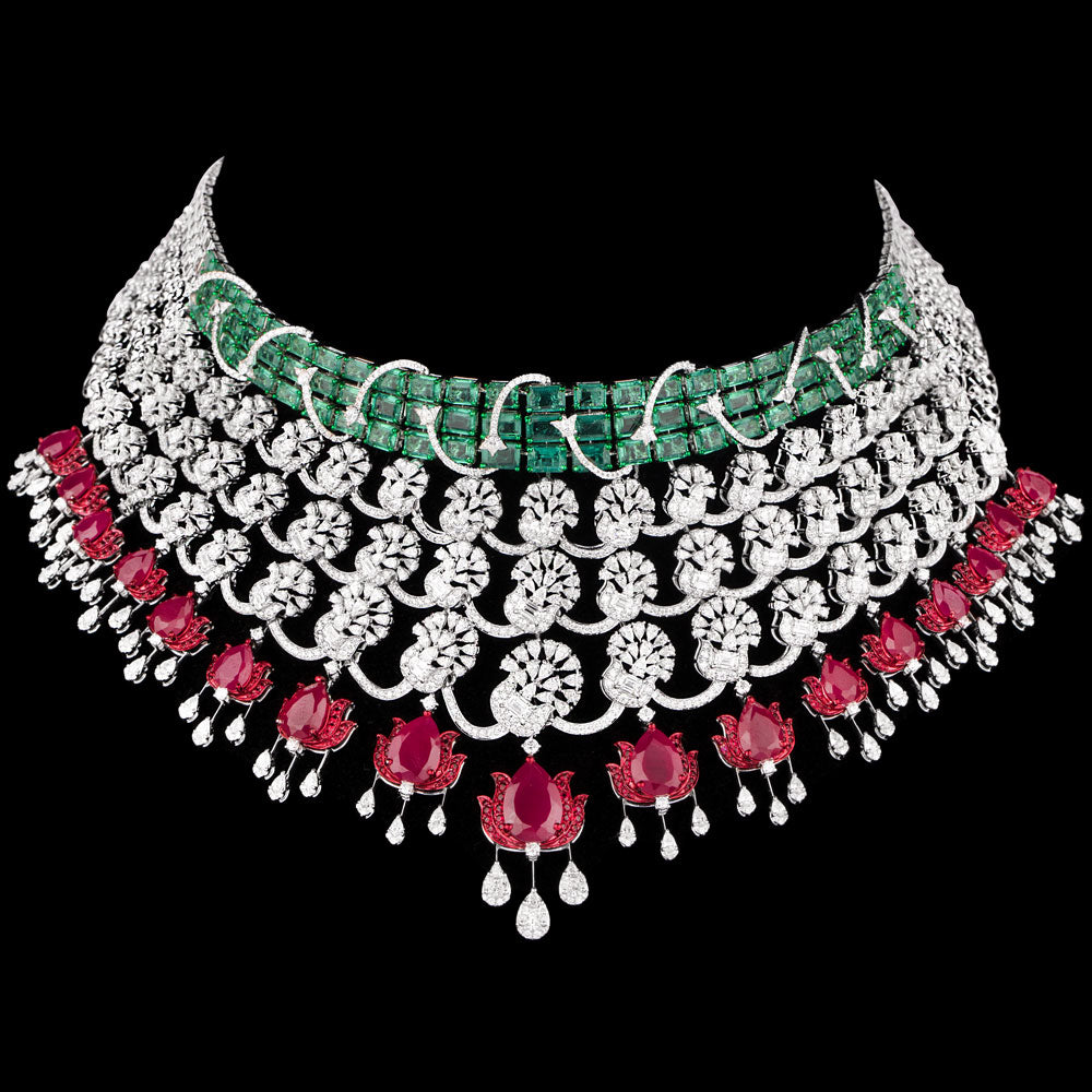 18K White Gold Diamond Necklace - 30.567ct VVS-VS-EF with Colour Stones