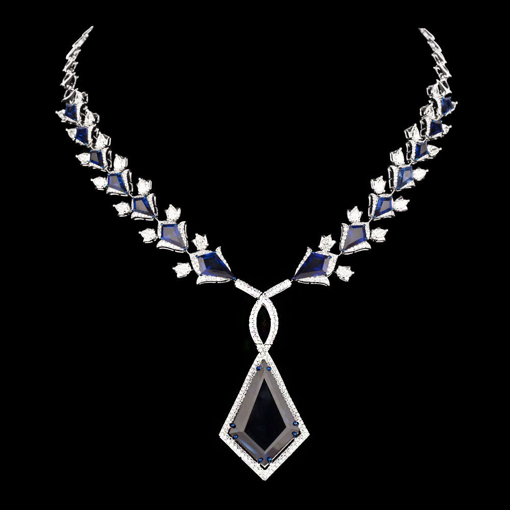 18K White Gold Diamond Necklace - 12.189ct VS-SI-GH with Colour Stones