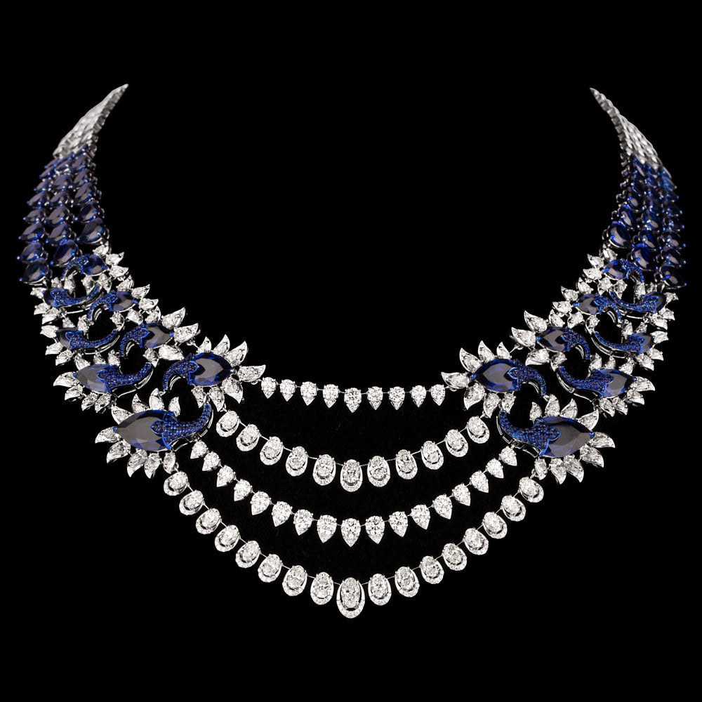 18K White Gold Diamond Necklace - 27.343ct VVS-VS-HI with Colour Stones