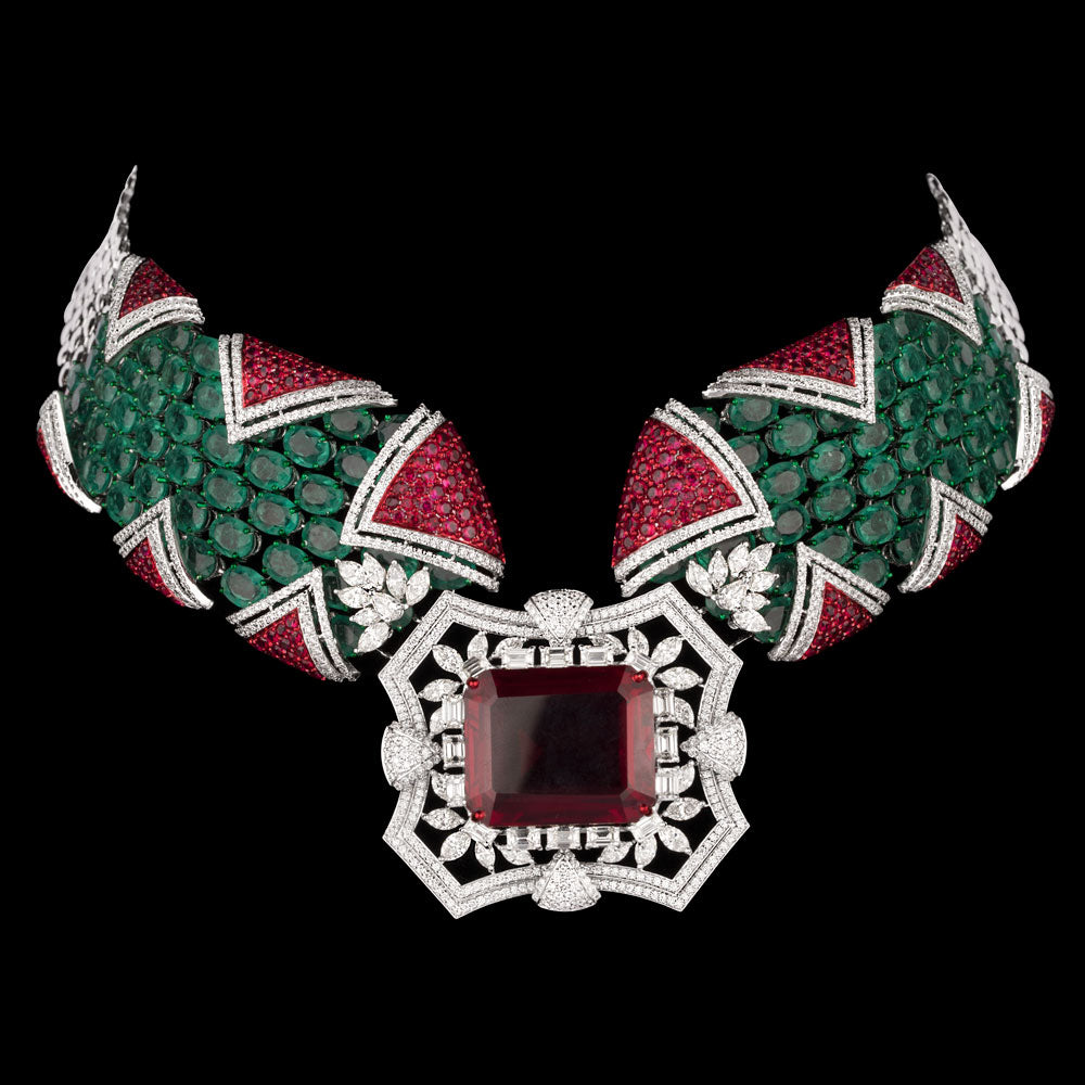 18K White Gold Diamond Necklace - 14.474ct VVS-VS-JK with Colour Stones
