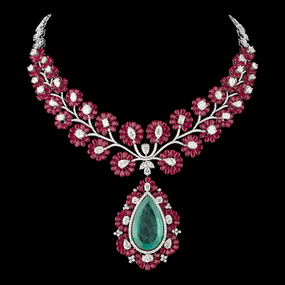 18K White Gold Diamond Necklace - 22.505ct VVS-VS-GH with Colour Stones