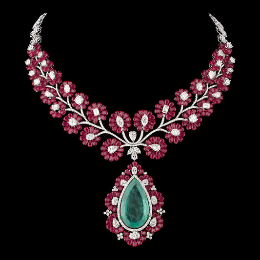 18K White Gold Diamond Necklace - 22.505ct VVS-VS-GH with Colour Stones