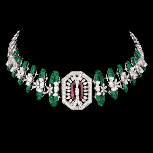18K White Gold Diamond Necklace - 16.509ct VVS-EF with Colour Stones