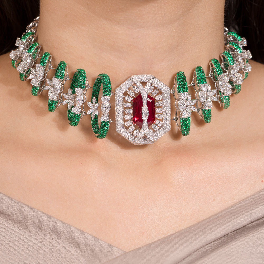 18K White Gold Diamond Necklace - 16.509ct VVS-EF with Colour Stones