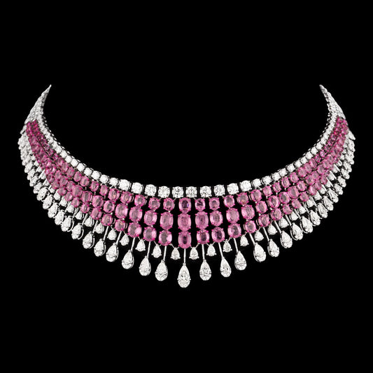 18K White Gold Diamond Necklace - 16.674ct VVS-VS-IJ with Colour Stones
