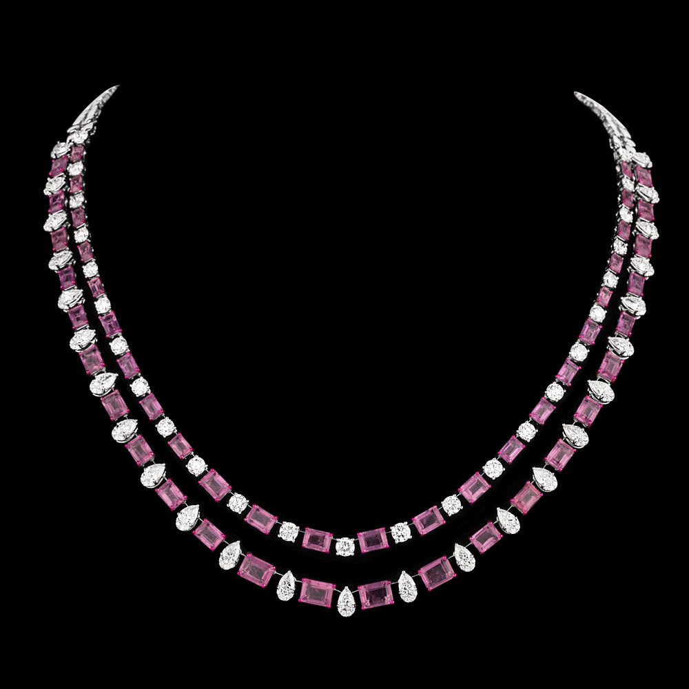 18K White Gold Diamond Necklace - 19.443ct VVS-VS-IJ with Colour Stones