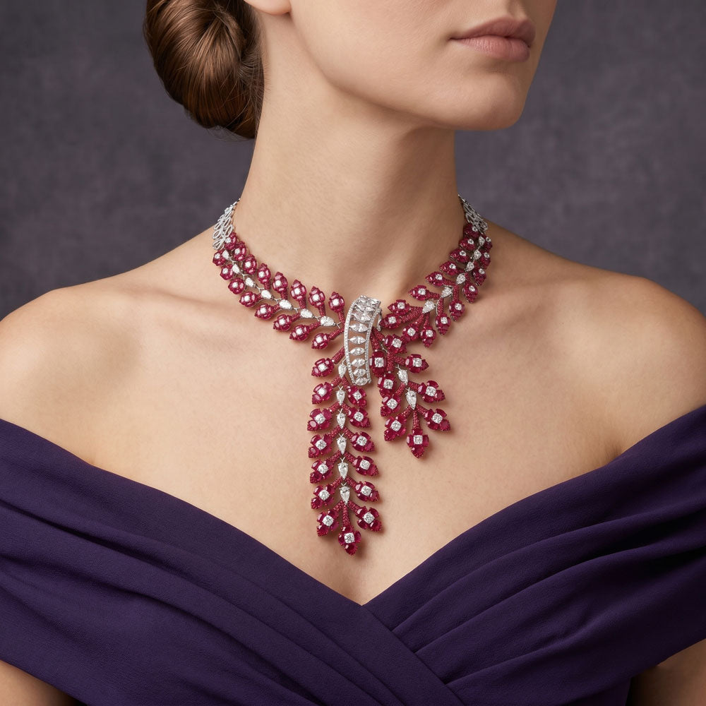 18K White Gold Diamond Necklace - 21.32ct VVS-VS-IJ with Colour Stones