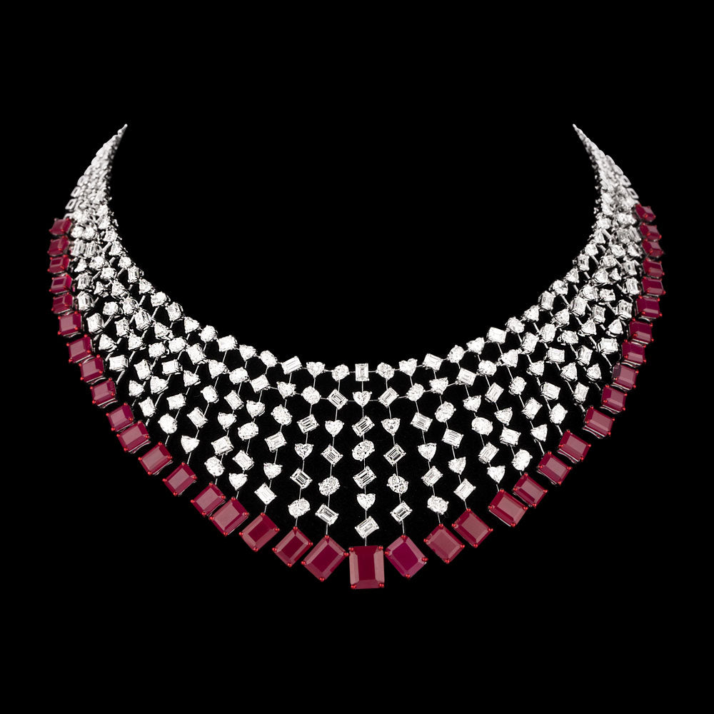 18K White Gold Diamond Necklace - 36.652ct VVS-VS-GH with Colour Stones