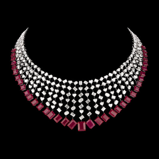 18K White Gold Diamond Necklace - 36.652ct VVS-VS-GH with Colour Stones