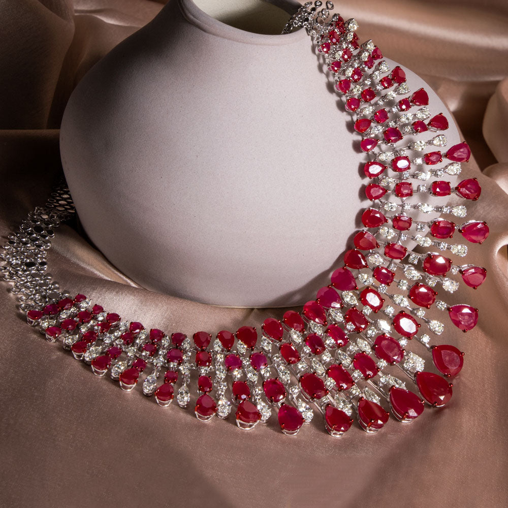 18K White Gold Diamond Necklace - 17.372ct VVS-VS-IJK with Colour Stones