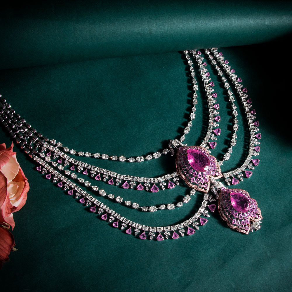 18K White Gold Diamond Necklace - 63.536ct VVS-VS-GH with Colour Stones
