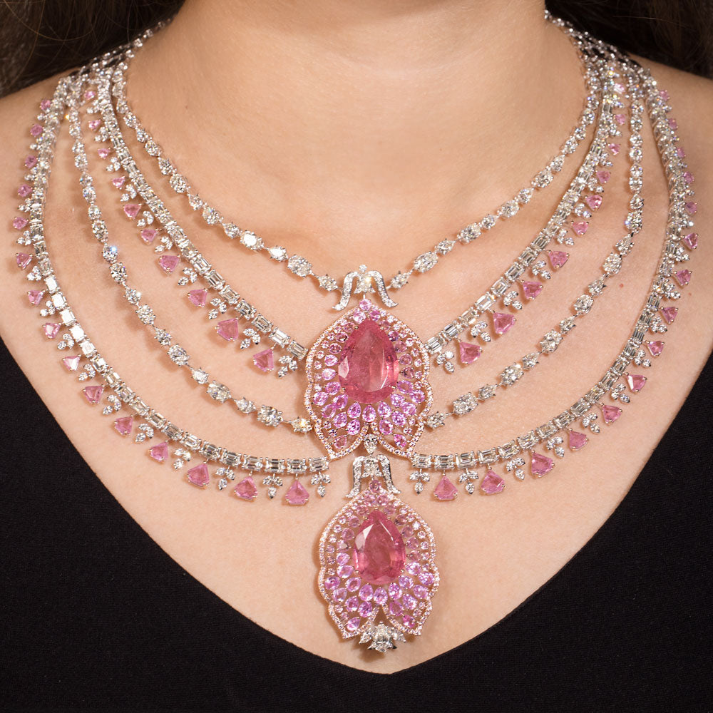 18K White Gold Diamond Necklace - 63.536ct VVS-VS-GH with Colour Stones