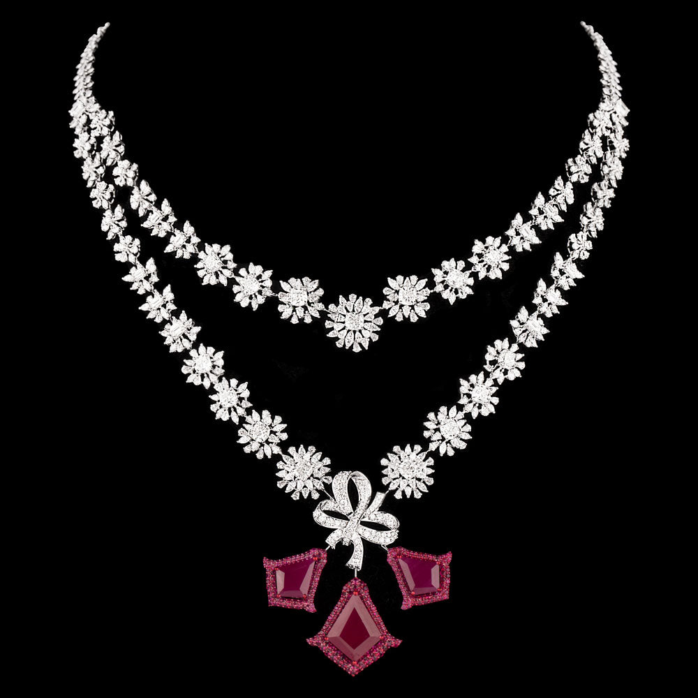 18K White Gold Diamond Necklace - 24.092ct VVS-VS-EF with Colour Stones