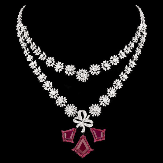 18K White Gold Diamond Necklace - 24.092ct VVS-VS-EF with Colour Stones